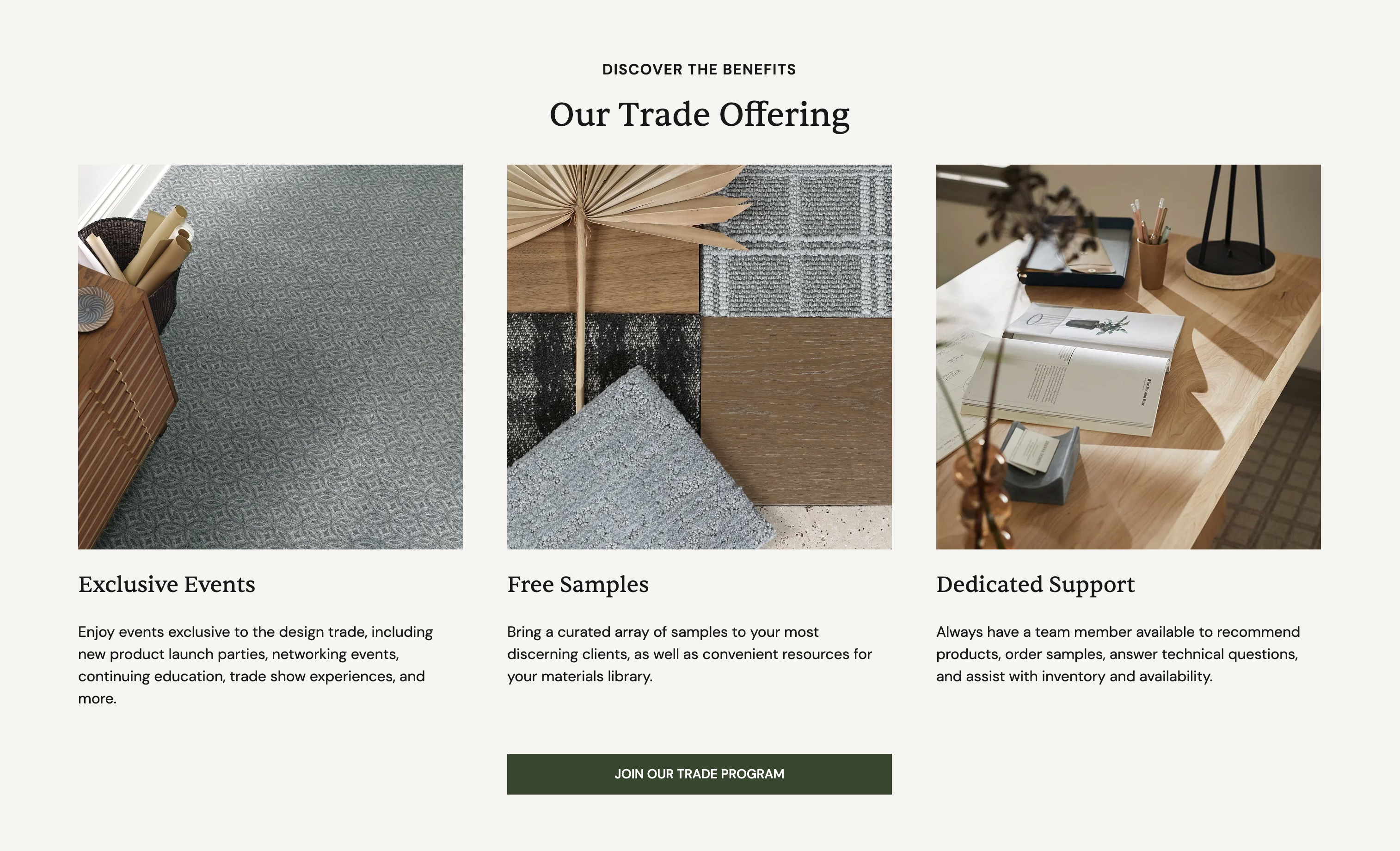 Trade Program with exclusive membership offerings, using high quality imagery and short, impactful statements.